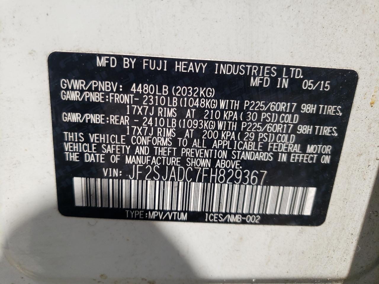 Photo 10 from auction – 2015 SUBARU FORESTER 2 with VIN JF2SJADC7FH829367
