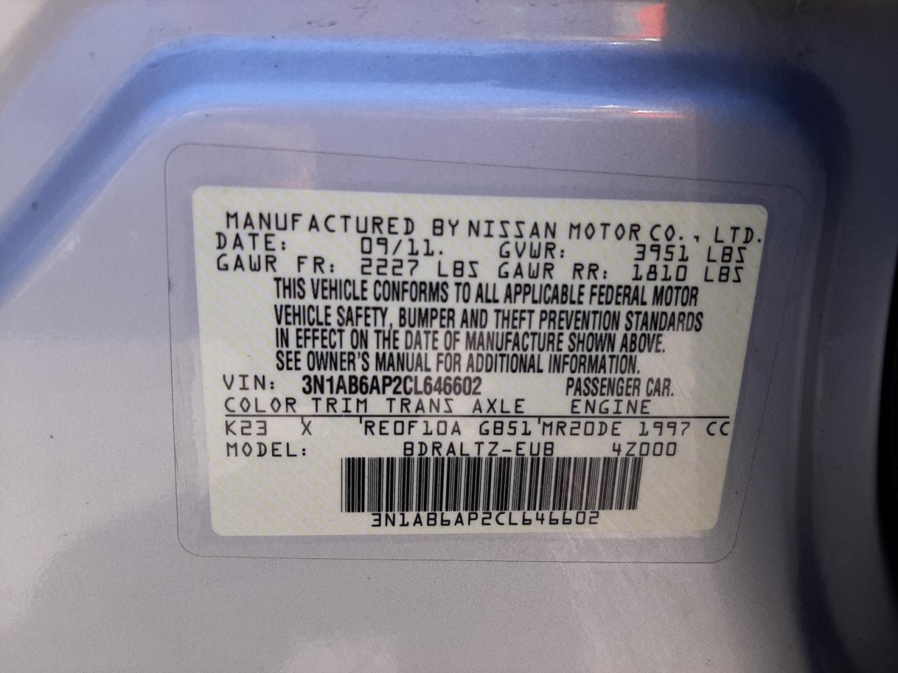 Photo 10 from auction – 2012 NISSAN SENTRA 2.0 with VIN 3N1AB6AP2CL646602