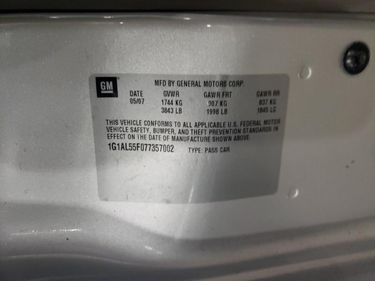 Photo 10 from auction – 2007 CHEVROLET COBALT LT with VIN 1G1AL55F077357002