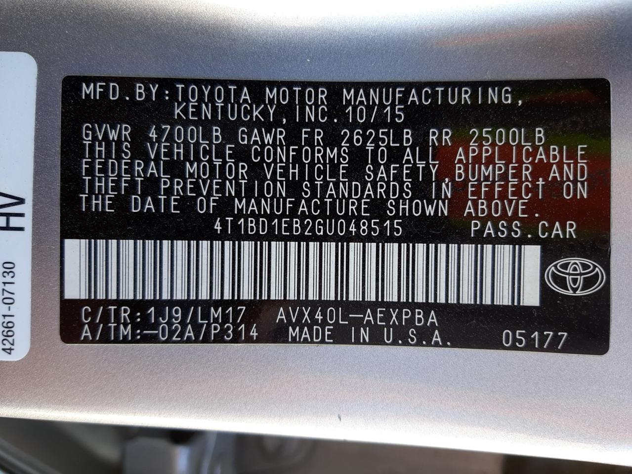 Photo 10 from auction – 2016 TOYOTA AVALON HYB with VIN 4T1BD1EB2GU048515
