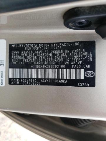 Photo 10 from auction – 2008 TOYOTA CAMRY CE with VIN 4T1BE46K38U793160