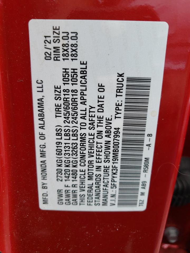 Photo 10 from auction – 2021 HONDA RIDGELINE with VIN 5FPYK3F19MB007994