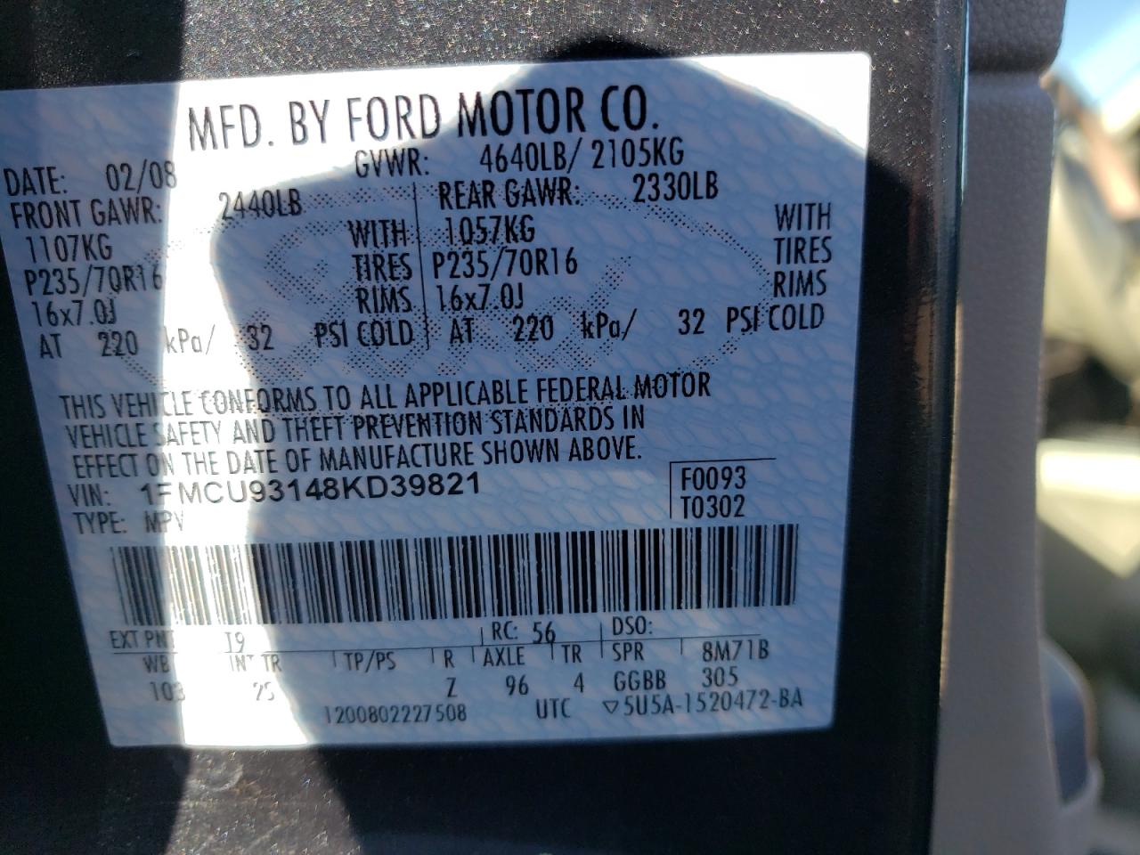 Photo 10 from auction – 2008 FORD ESCAPE XLT with VIN 1FMCU93148KD39821