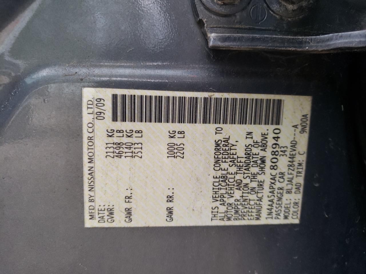 Photo 10 from auction – 2010 NISSAN MAXIMA S with VIN 1N4AA5APXAC808940