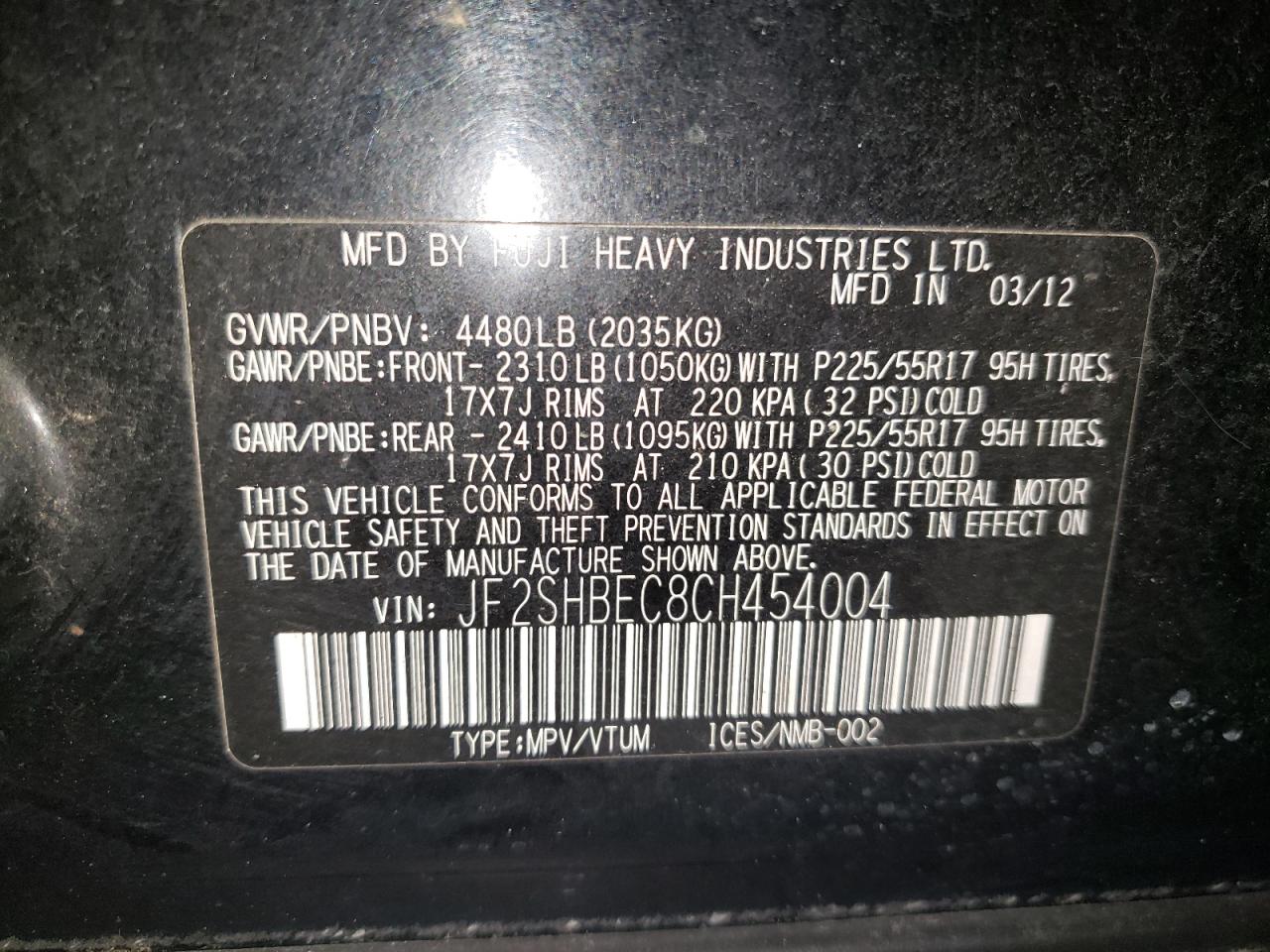 Photo 10 from auction – 2012 SUBARU FORESTER L with VIN JF2SHBEC8CH454004