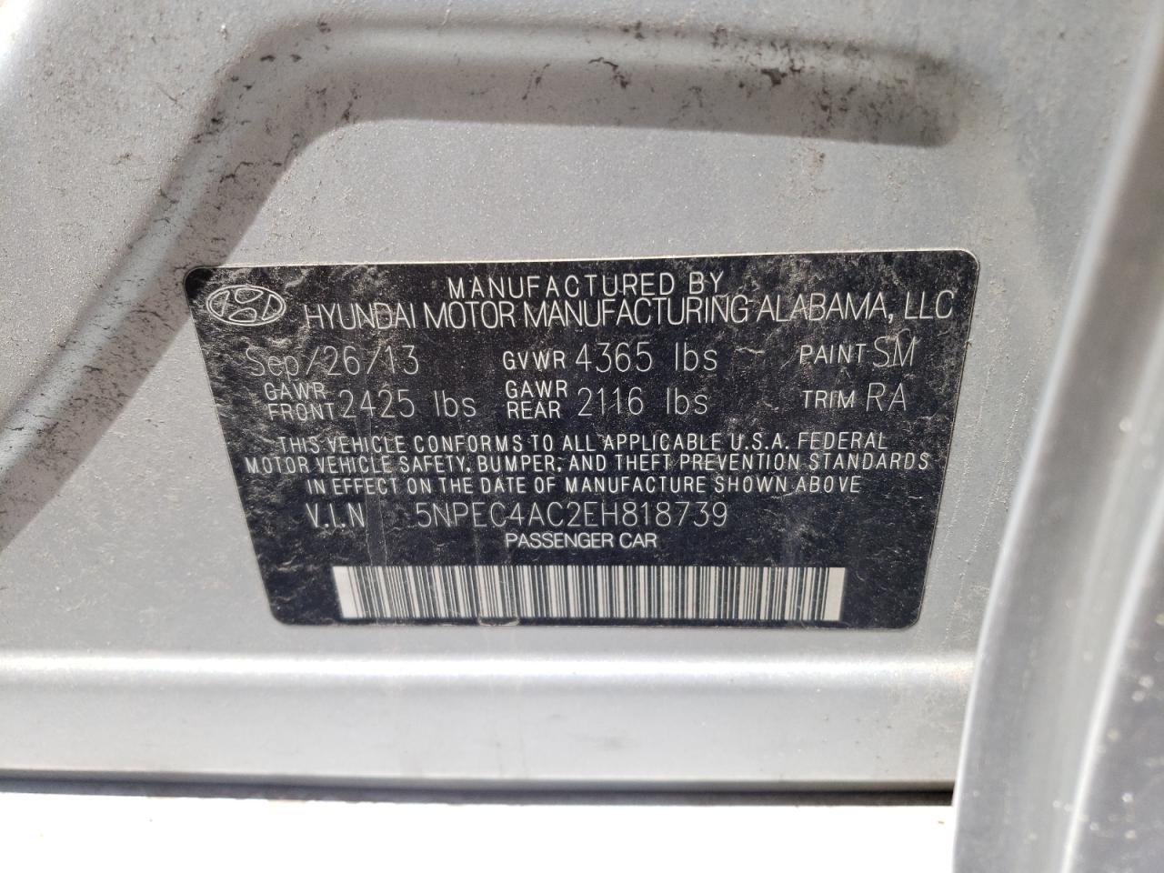 Photo 10 from auction – 2014 HYUNDAI SONATA SE with VIN 5NPEC4AC2EH818739