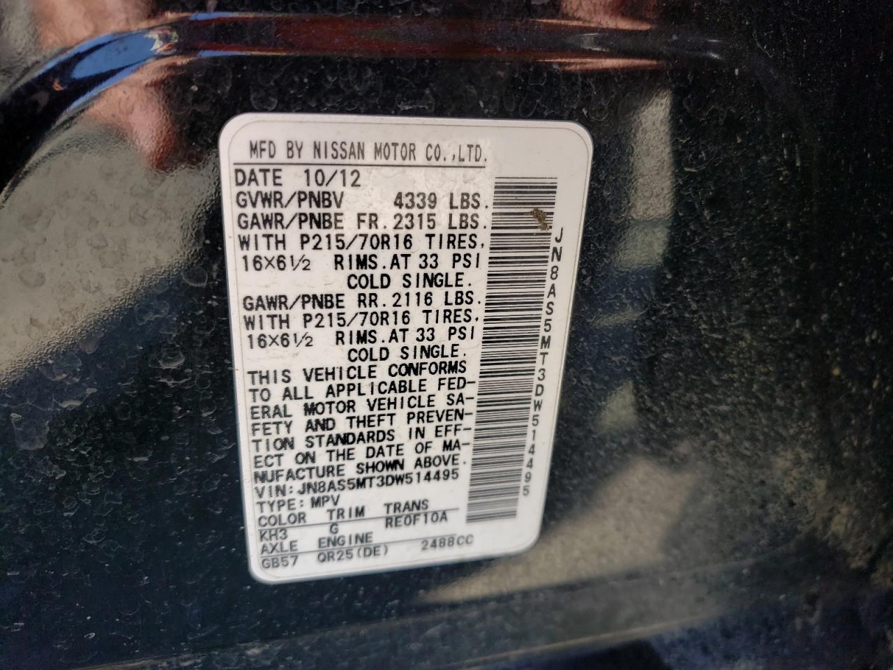 Photo 10 from auction – 2013 NISSAN ROGUE S with VIN JN8AS5MT3DW514495
