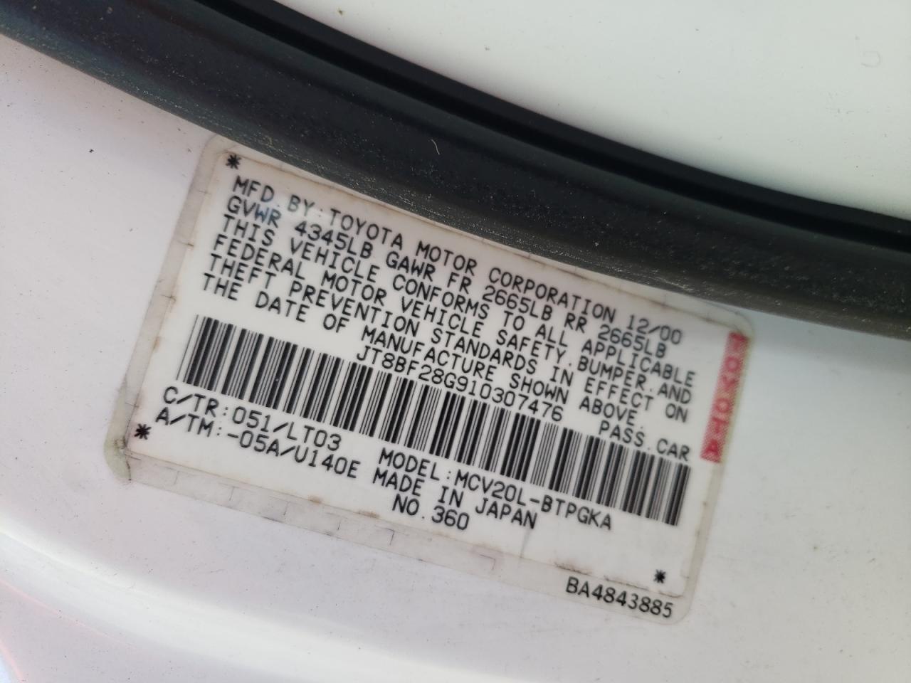 Photo 10 from auction – 2001 LEXUS ES 300 with VIN JT8BF28G910307476