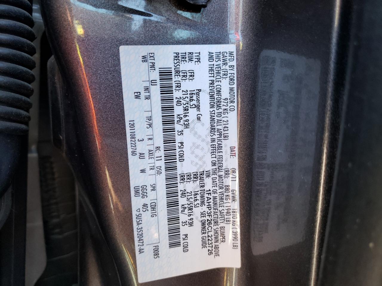 Photo 10 from auction – 2012 FORD FOCUS SE with VIN 1FAHP3F26CL223726
