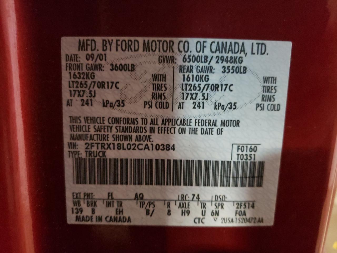 Photo 10 from auction – 2002 FORD F150 with VIN 2FTRX18L02CA10384