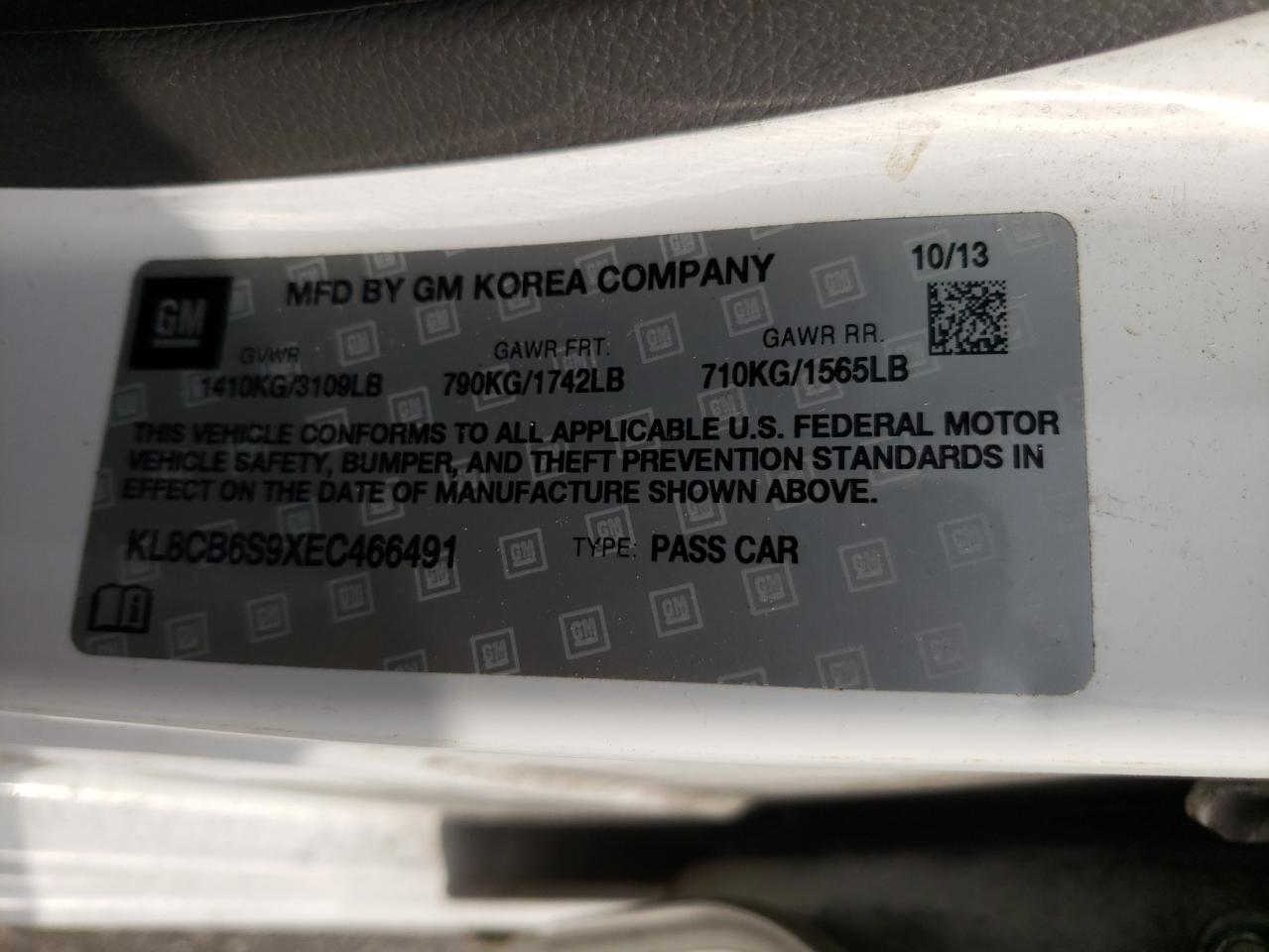 Photo 10 from auction – 2014 CHEVROLET SPARK LS with VIN KL8CB6S9XEC466491