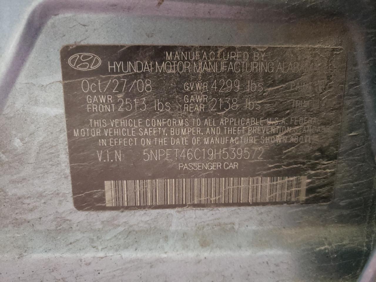 Photo 10 from auction – 2009 HYUNDAI SONATA GLS with VIN 5NPET46C19H539572