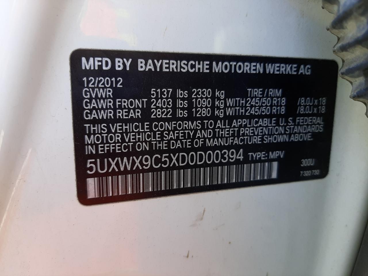 Photo 10 from auction – 2013 BMW X3 XDRIVE2 with VIN 5UXWX9C5XD0D00394