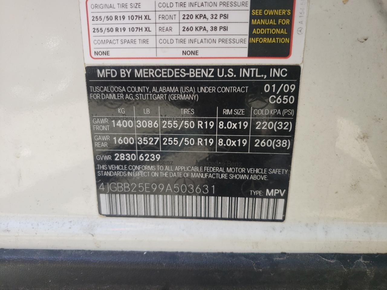Photo 10 from auction – 2009 MERCEDES-BENZ ML with VIN 4JGBB25E99A503631