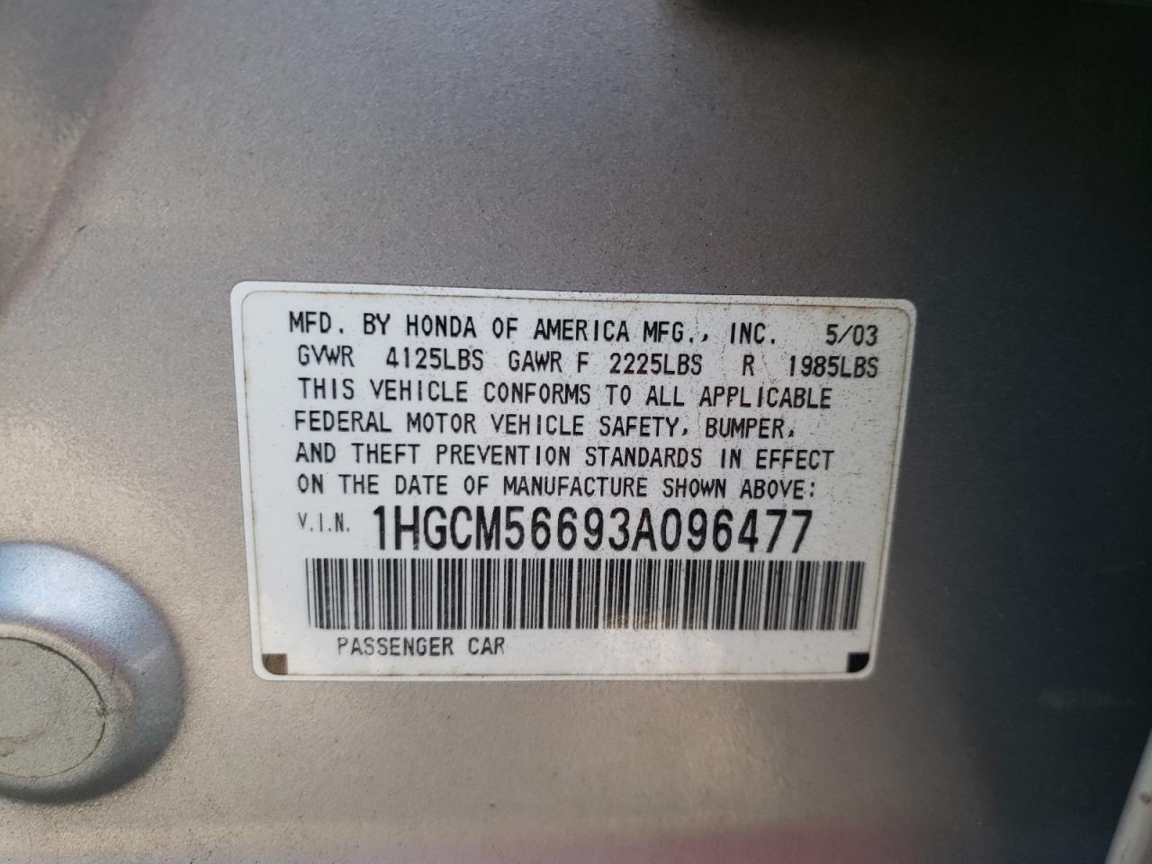 Photo 10 from auction – 2003 HONDA ACCORD EX with VIN 1HGCM56693A096477