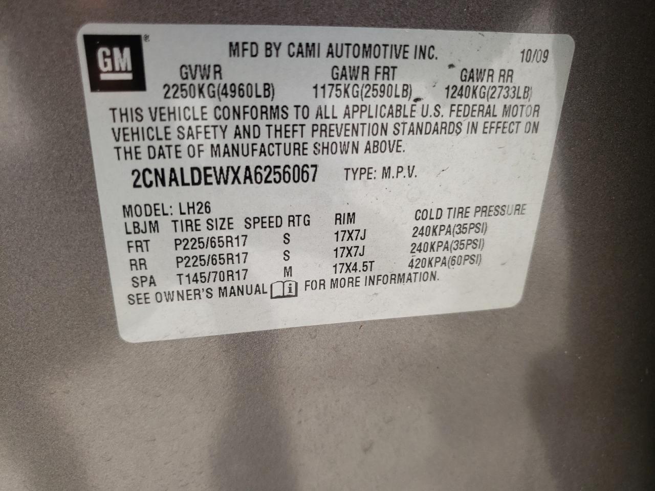Photo 10 from auction – 2010 CHEVROLET EQUINOX LT with VIN 2CNALDEWXA6256067