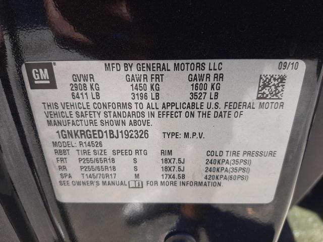 Photo 10 from auction – 2011 CHEVROLET TRAVERSE L with VIN 1GNKRGED1BJ192326
