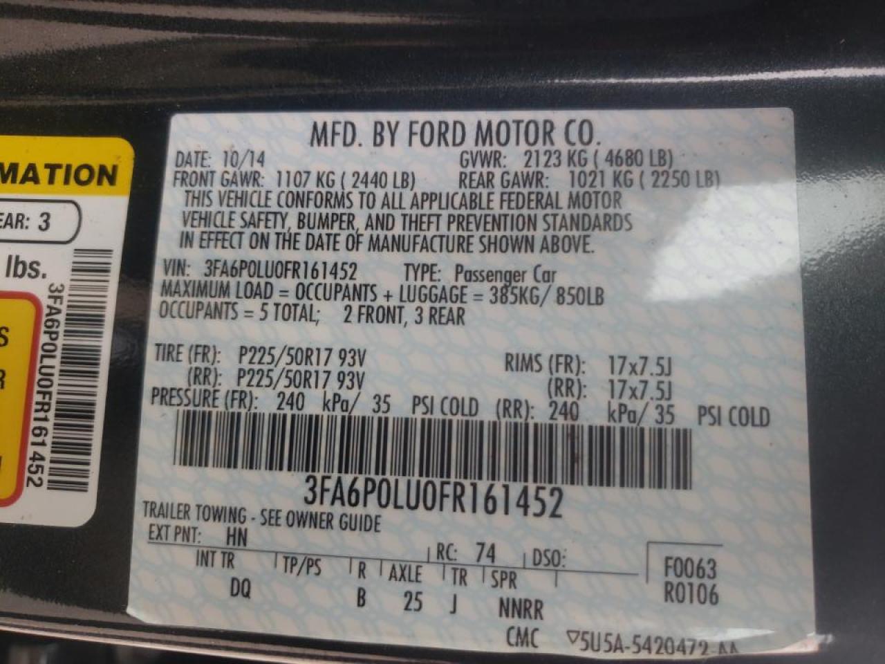 Photo 10 from auction – 2015 FORD FUSION SE with VIN 3FA6P0LU0FR161452