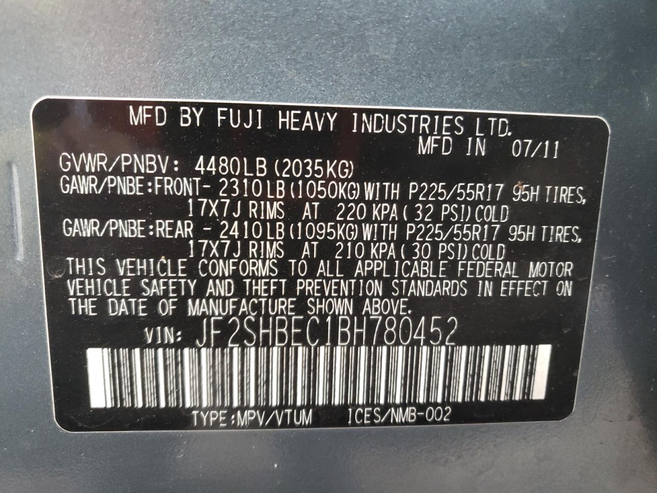 Photo 10 from auction – 2011 SUBARU FORESTER L with VIN JF2SHBEC1BH780452