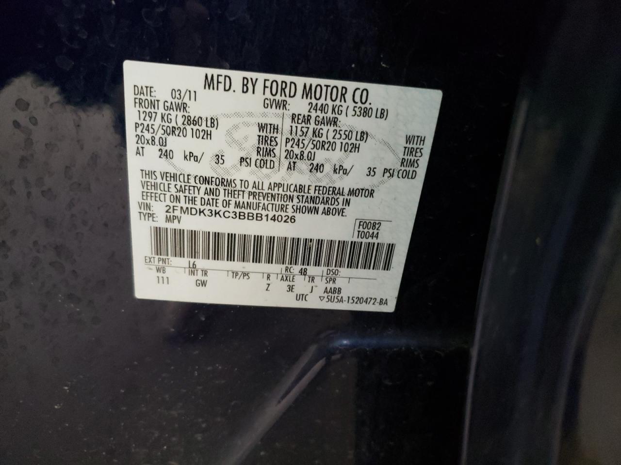 Photo 10 from auction – 2011 FORD EDGE LIMIT with VIN 2FMDK3KC3BBB14026