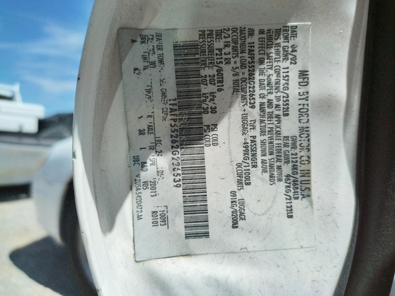 Photo 10 from auction – 2002 FORD TAURUS SES with VIN 1FAFP55262G226539