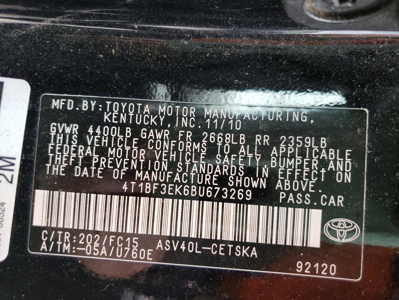 Photo 10 from auction – 2011 TOYOTA CAMRY BASE with VIN 4T1BF3EK6BU673269
