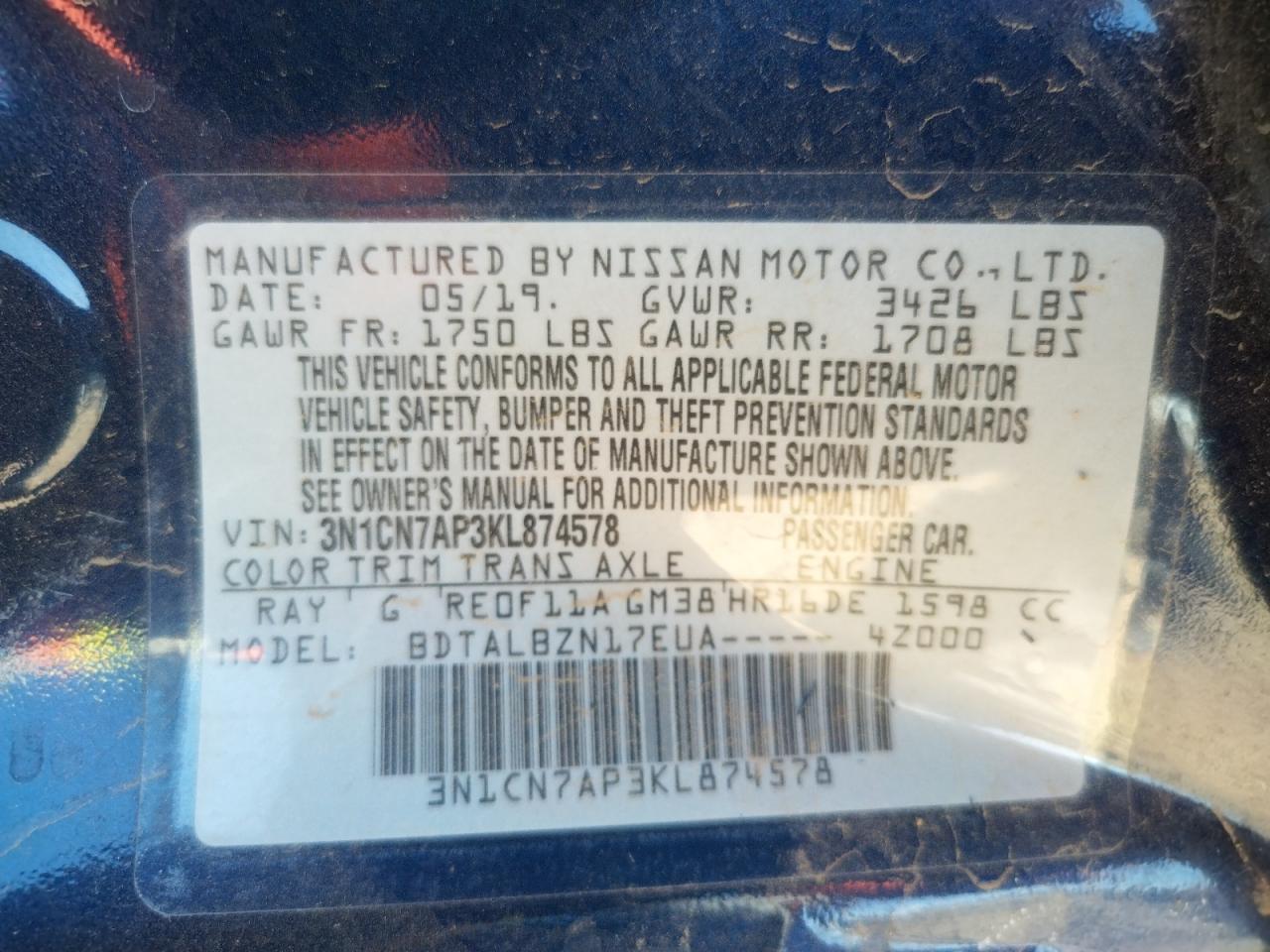 Photo 10 from auction – 2019 NISSAN VERSA S with VIN 3N1CN7AP3KL874578