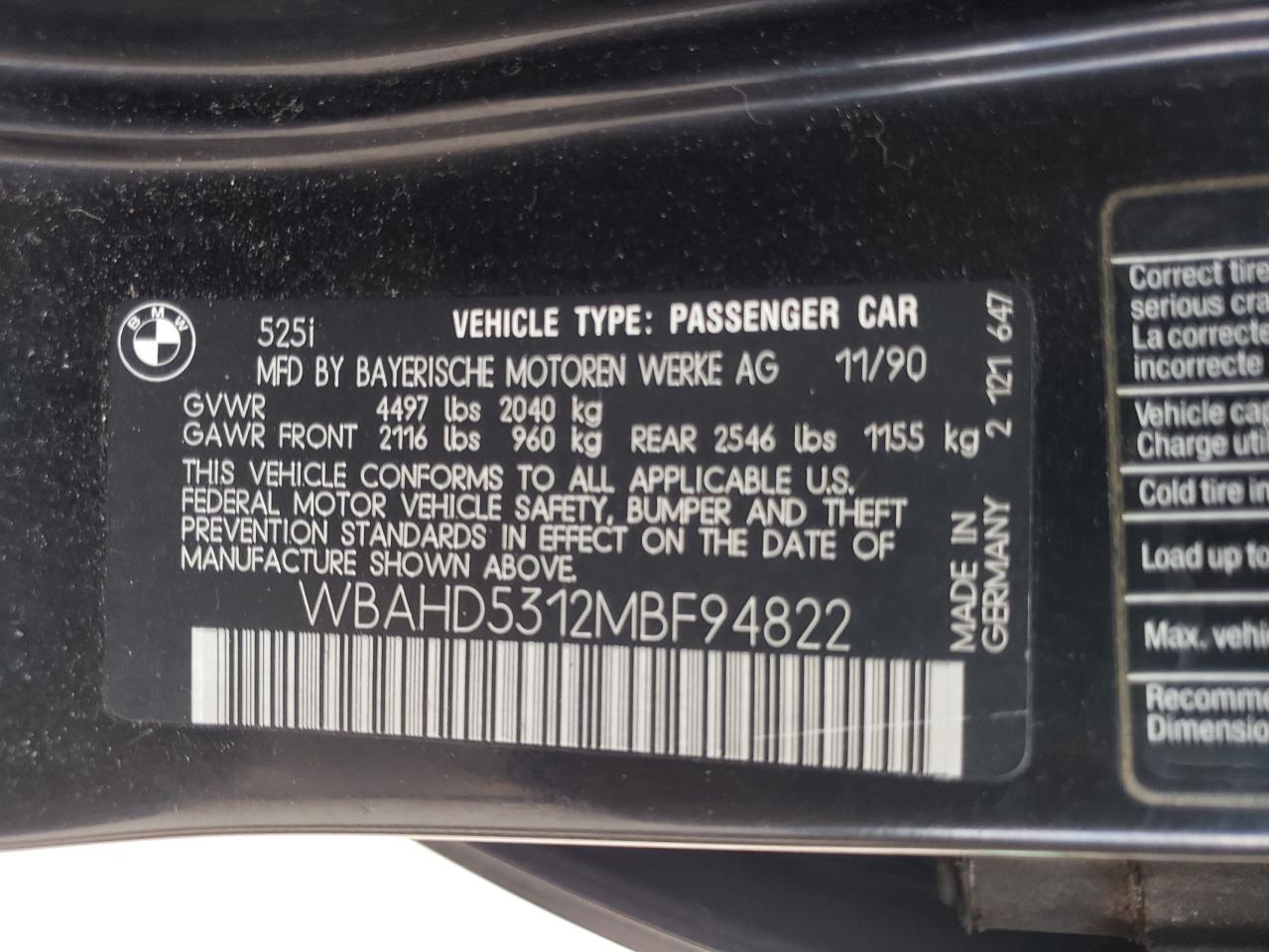 Photo 10 from auction – 1991 BMW 525 with VIN WBAHD5312MBF94822