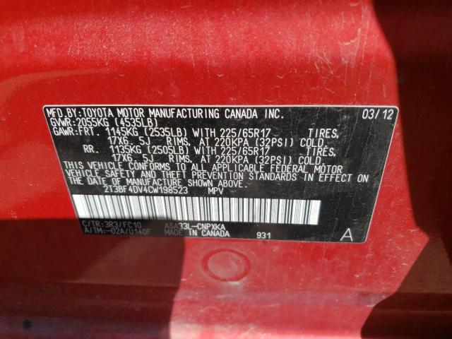 Photo 10 from auction – 2012 TOYOTA RAV4 with VIN 2T3BF4DV4CW198523