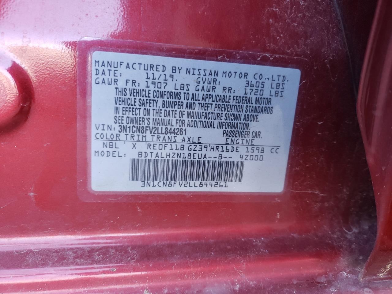Photo 10 from auction – 2020 NISSAN VERSA SR with VIN 3N1CN8FV2LL844261