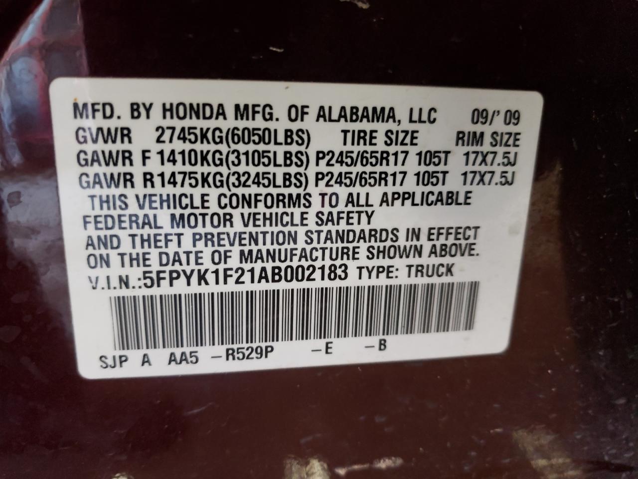 Photo 10 from auction – 2010 HONDA RIDGELINE with VIN 5FPYK1F21AB002183