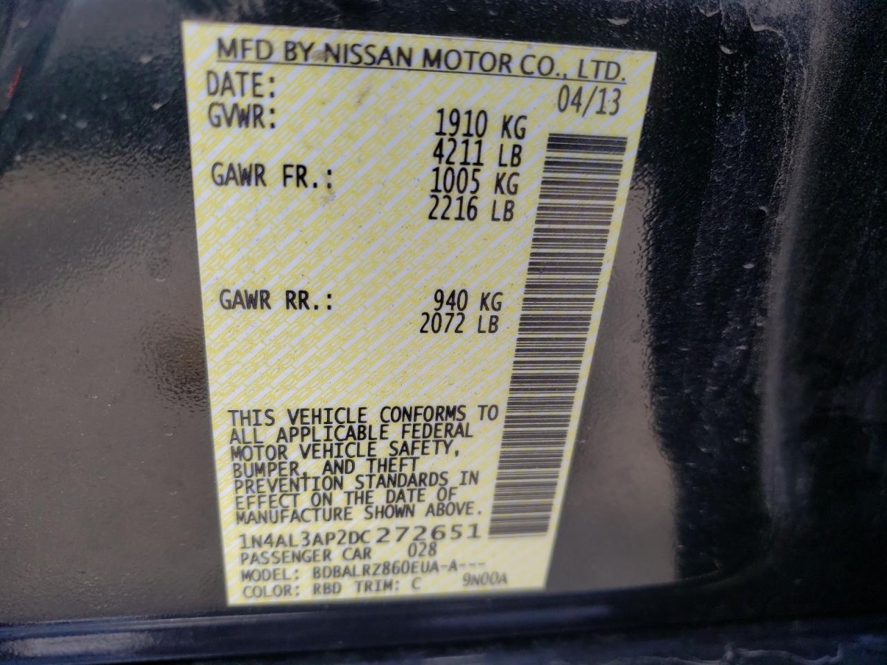 Photo 10 from auction – 2013 NISSAN ALTIMA 2.5 with VIN 1N4AL3AP2DC272651