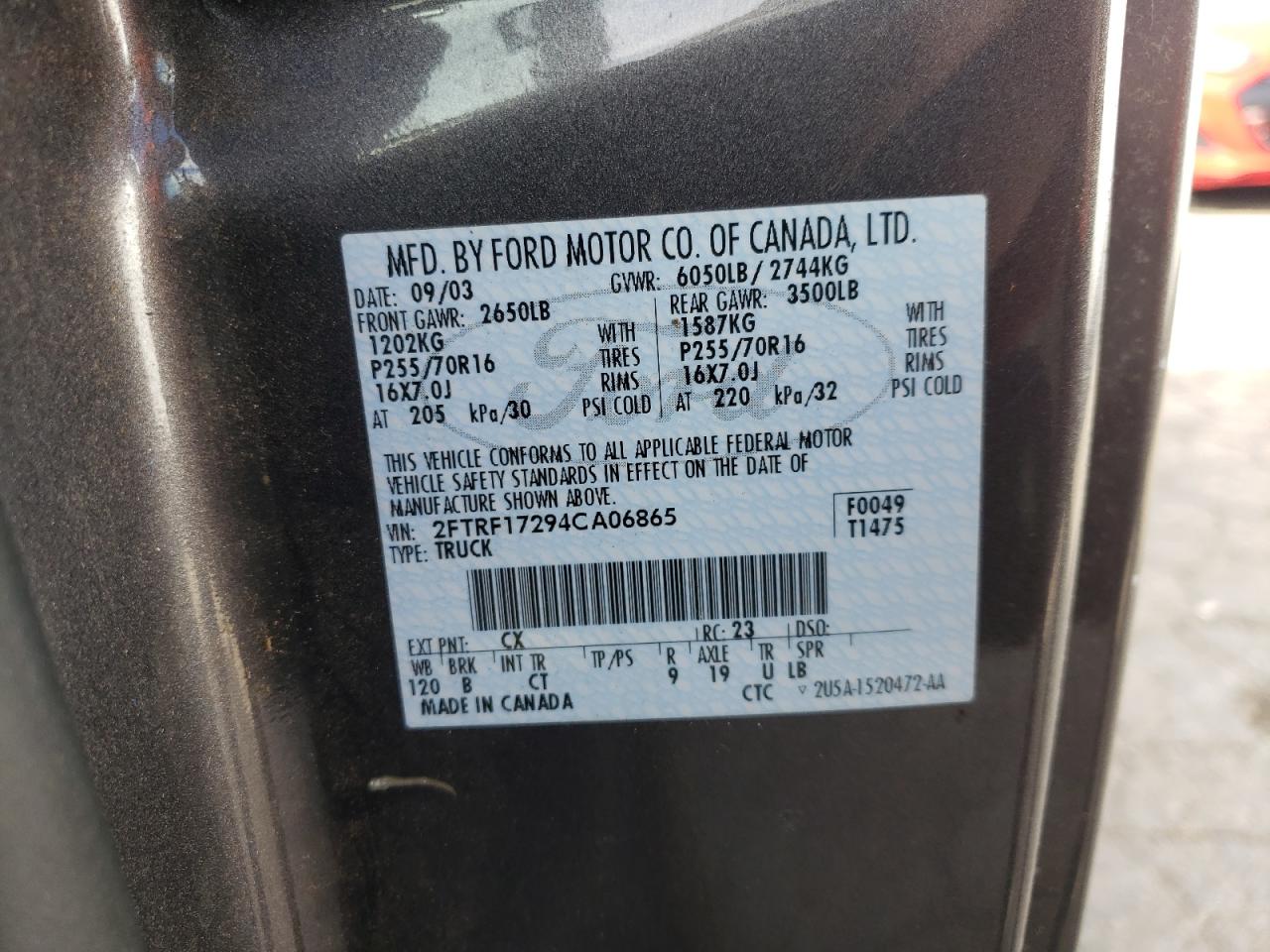 Photo 10 from auction – 2004 FORD F-150 HERI with VIN 2FTRF17294CA06865