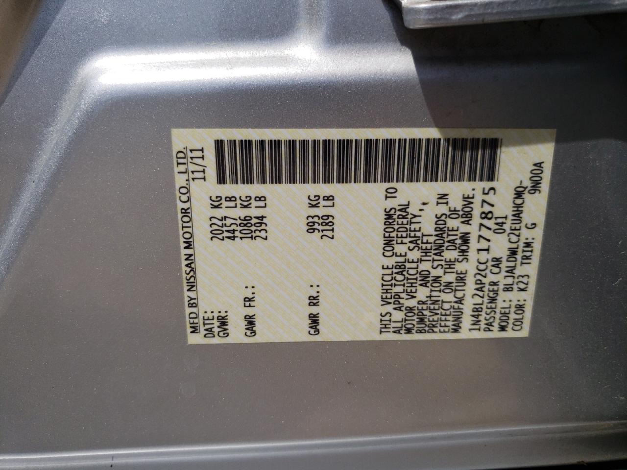 Photo 10 from auction – 2012 NISSAN ALTIMA SR with VIN 1N4BL2AP2CC177875