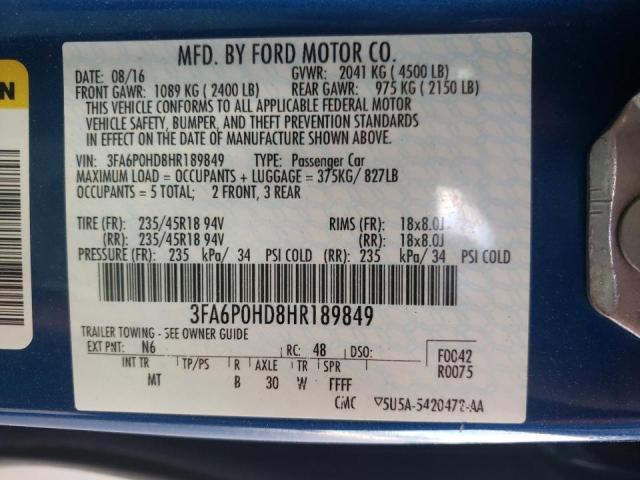 Photo 10 from auction – 2017 FORD FUSION SE with VIN 3FA6P0HD8HR189849