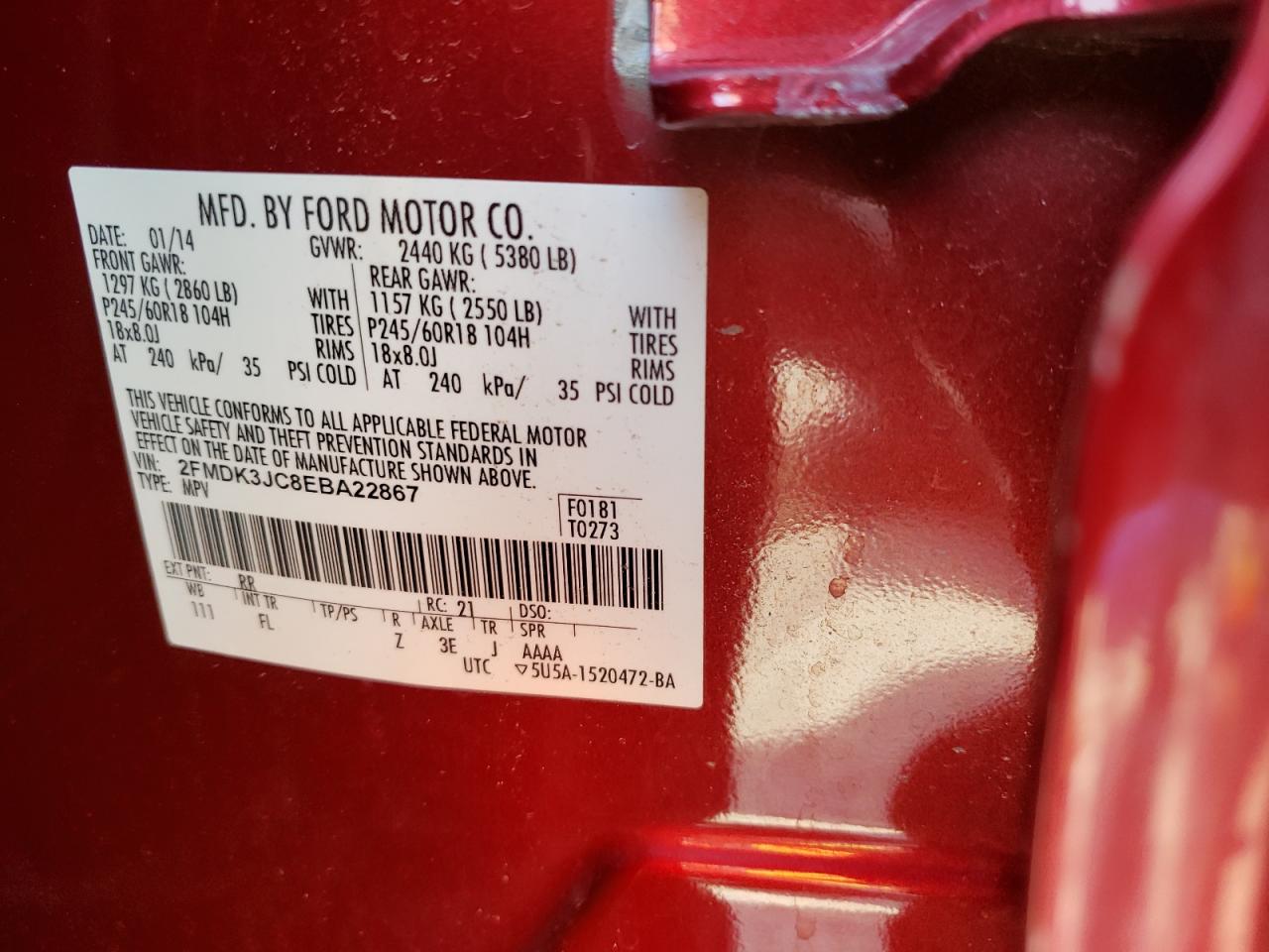 Photo 10 from auction – 2014 FORD EDGE SEL with VIN 2FMDK3JC8EBA22867