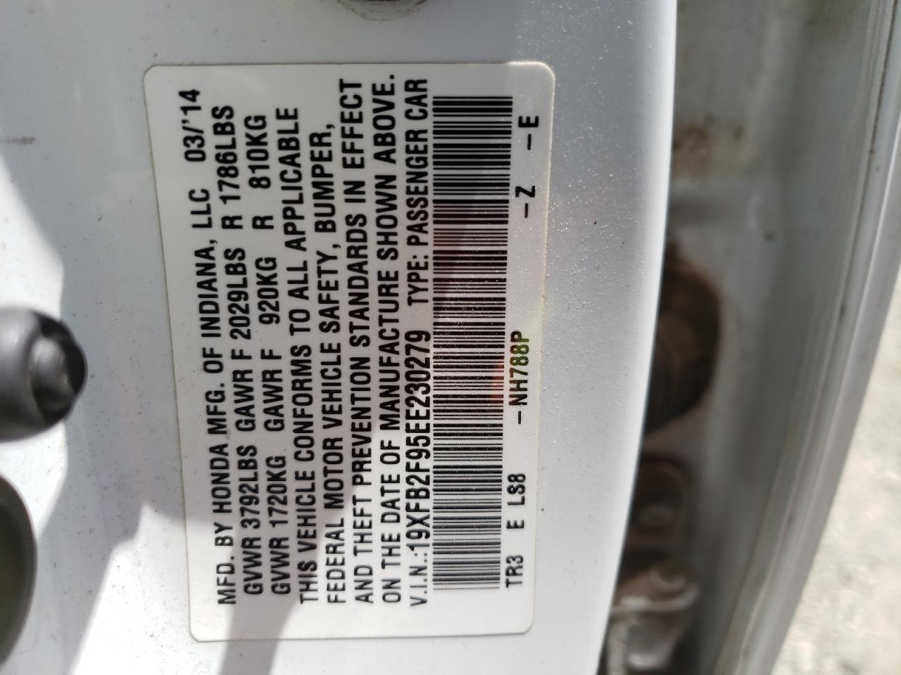 Photo 10 from auction – 2014 HONDA CIVIC EXL with VIN 19XFB2F95EE230279
