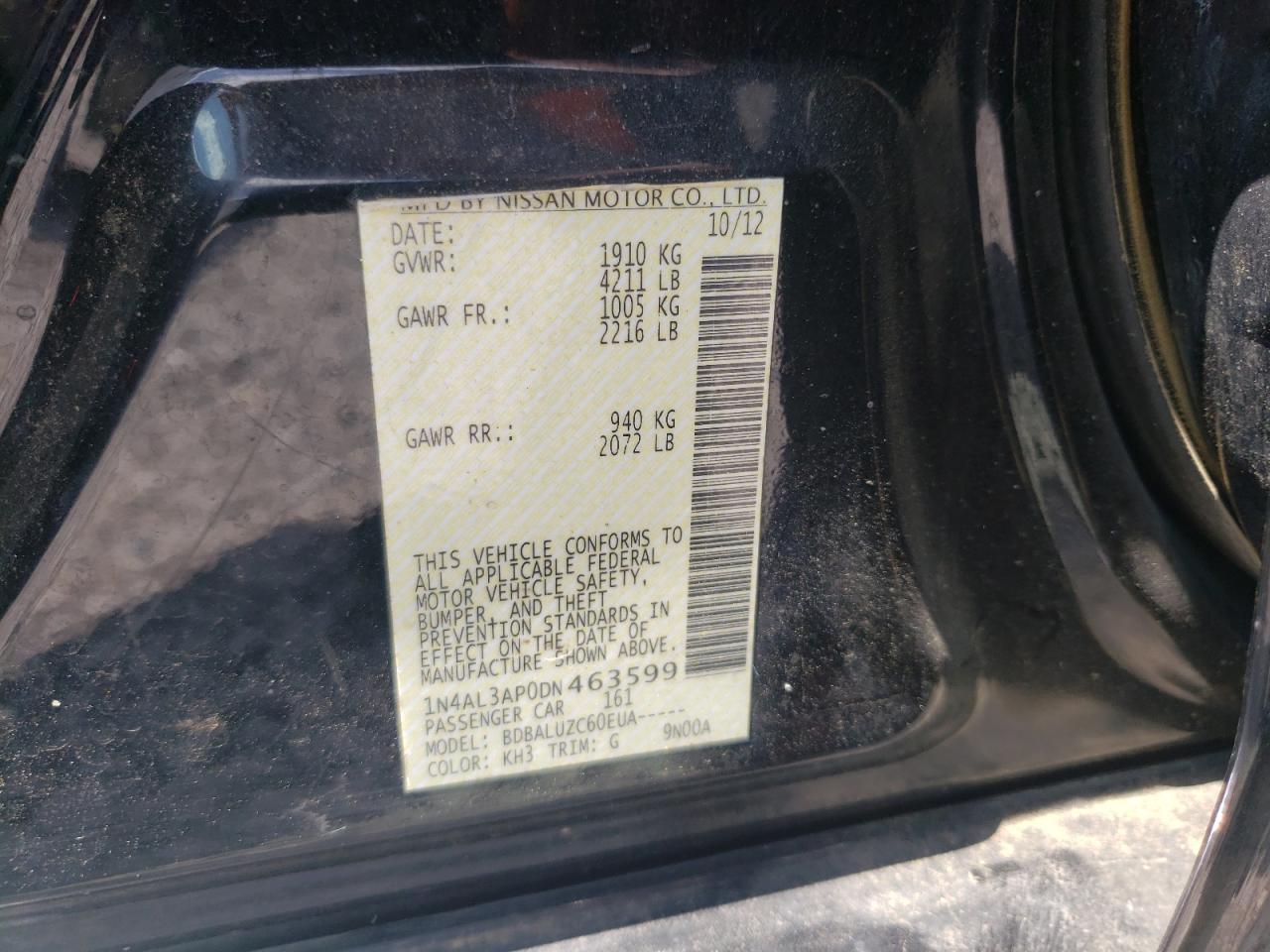 Photo 10 from auction – 2013 NISSAN ALTIMA 2.5 with VIN 1N4AL3AP0DN463599