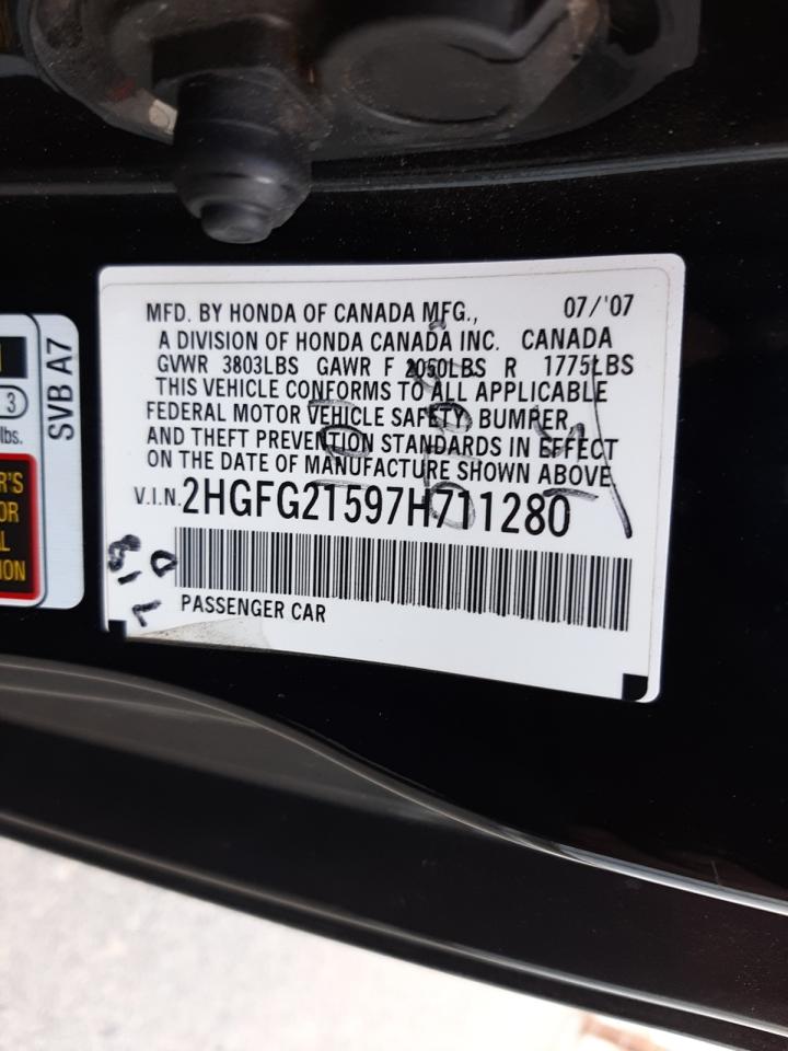 Photo 10 from auction – 2007 HONDA CIVIC SI with VIN 2HGFG21597H711280