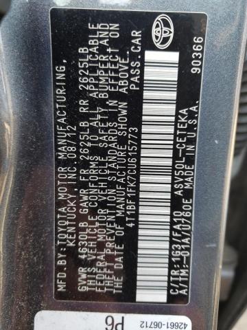 Photo 10 from auction – 2012 TOYOTA CAMRY BASE with VIN 4T1BF1FK7CU615773