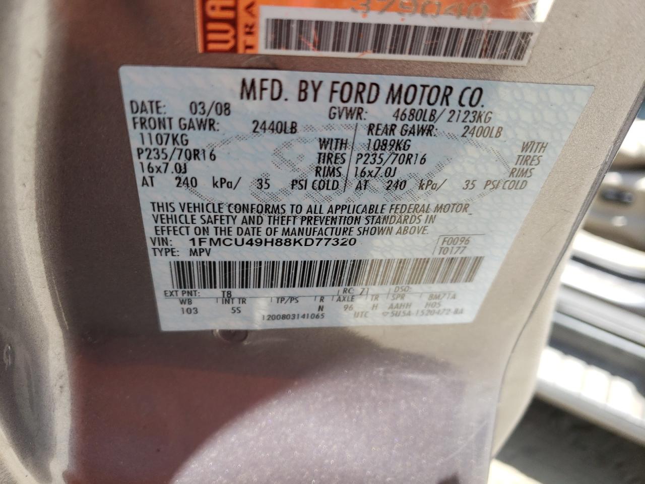 Photo 10 from auction – 2008 FORD ESCAPE HEV with VIN 1FMCU49H88KD77320