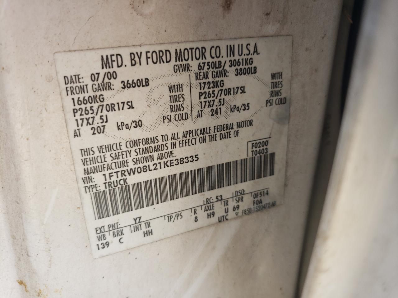 Photo 10 from auction – 2001 FORD F150 SUPER with VIN 1FTRW08L21KE38335
