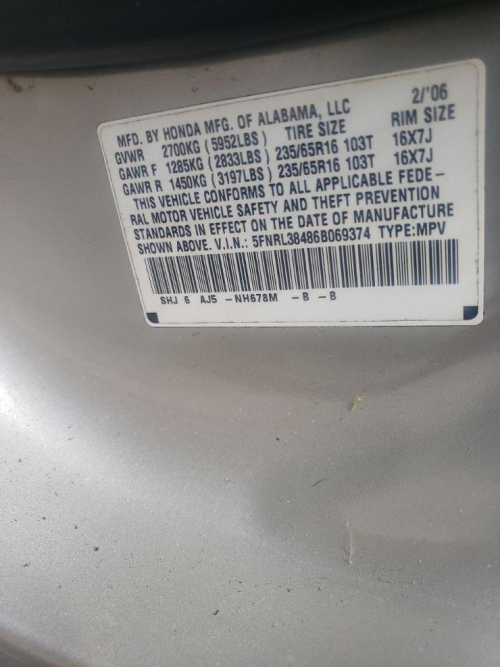 Photo 10 from auction – 2006 HONDA ODYSSEY EX with VIN 5FNRL38486B069374