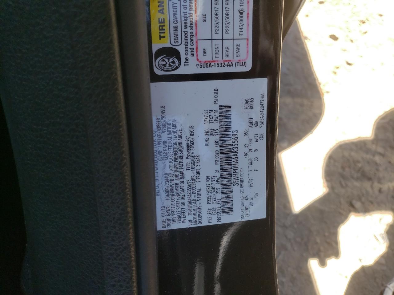Photo 10 from auction – 2010 FORD FUSION SE with VIN 3FAHP0HA6AR355693