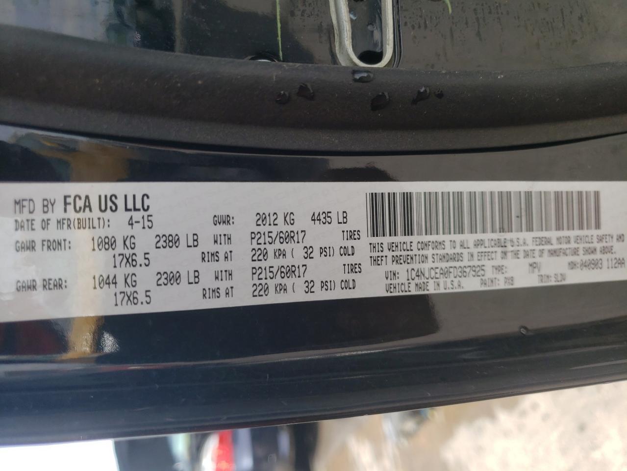 Photo 10 from auction – 2015 JEEP COMPASS LA with VIN 1C4NJCEA0FD367925