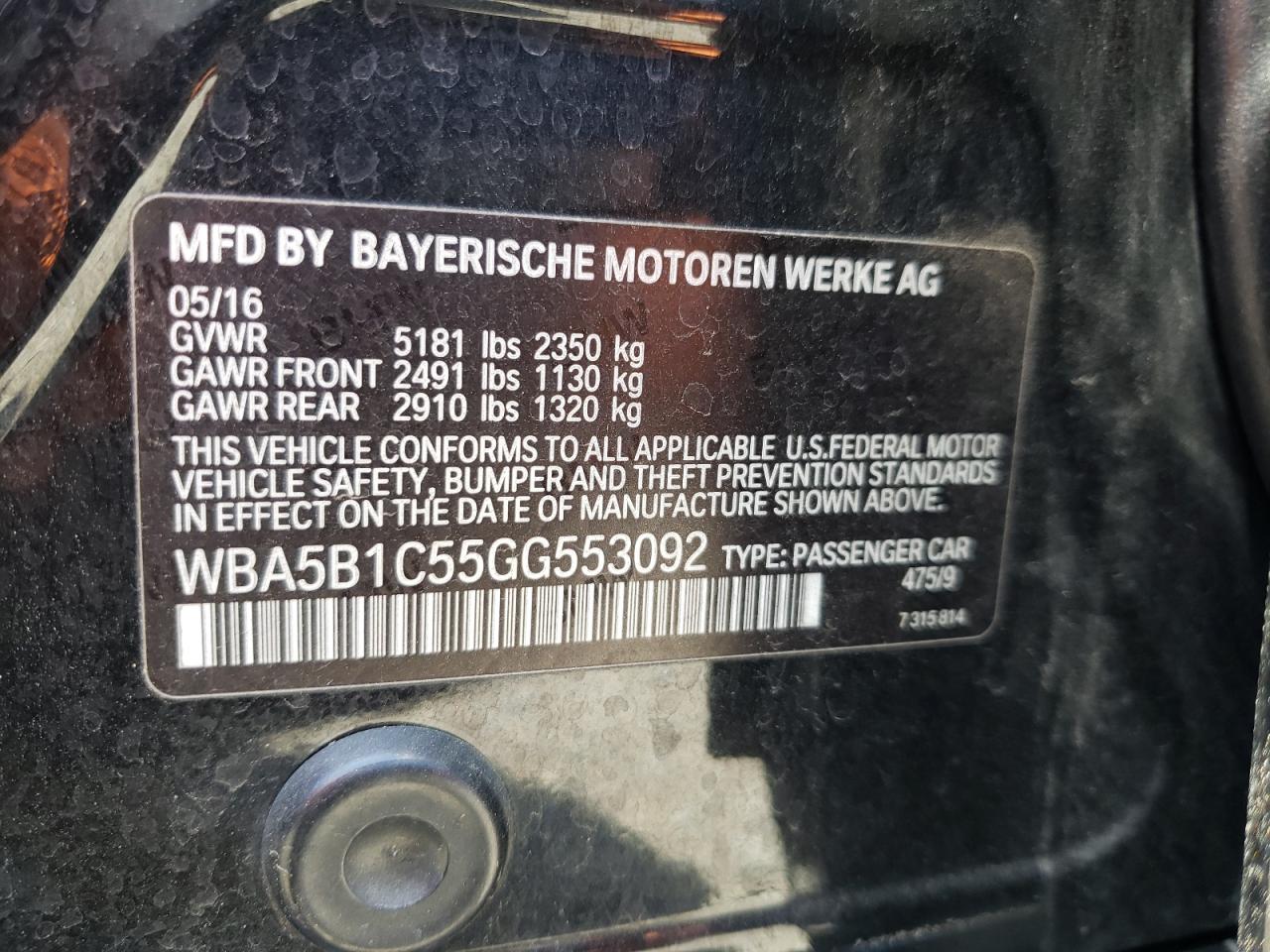 Photo 10 from auction – 2016 BMW 535 I with VIN WBA5B1C55GG553092