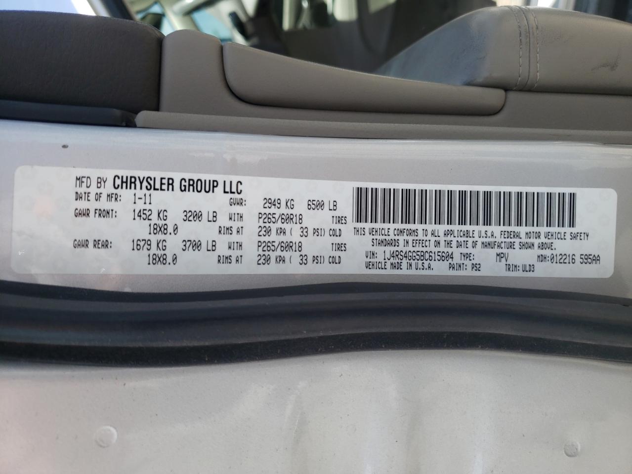 Photo 10 from auction – 2011 JEEP GRAND CHER with VIN 1J4RS4GG5BC615604