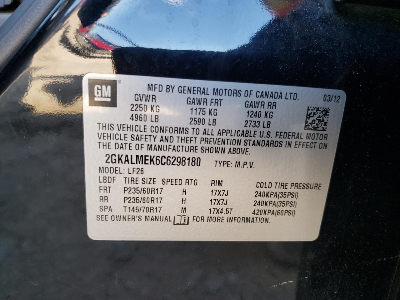 Photo 10 from auction – 2012 GMC TERRAIN SL with VIN 2GKALMEK6C6298180
