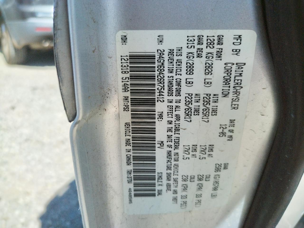 Photo 10 from auction – 2006 CHRYSLER PACIFICA T with VIN 2A4GM68426R754412