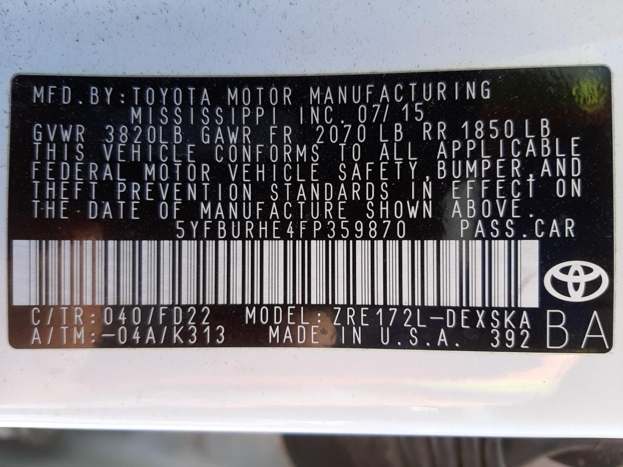 Photo 10 from auction – 2015 TOYOTA COROLLA L with VIN 5YFBURHE4FP359870